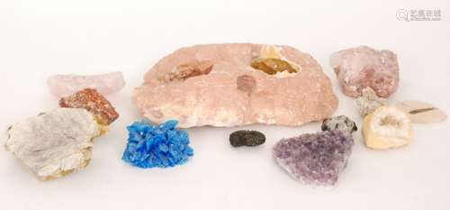 A collection of minerals, fossils and quartites contained in a mahogany framed table top display cabinet on cabriole legs, width 61cm