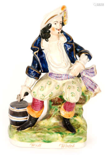 A 19th Century Staffordshire depicting Will Watch (the sailor) sat upon a stump with a barrel by his side and dressed in a blue overcoat and yellow patterned breaches, gilt title to the base, unmarked, height 33cm, S/D