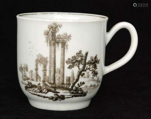 A late 18th Century Worcester Chinoserie coffee cup transfer decorated with a black and white classical ruins to one side and rural buildings, unmarked, height 5.6cm.