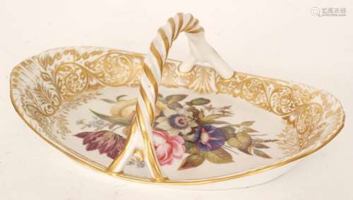 An early 20th Century Derby oval basket decorated by Harry Samson Hancock with a hand painted spray of flowers within a gilt border with rope twist handle, puce painted crown, crossed batons D mark, signed H.S Hancock, length 27cm, restored