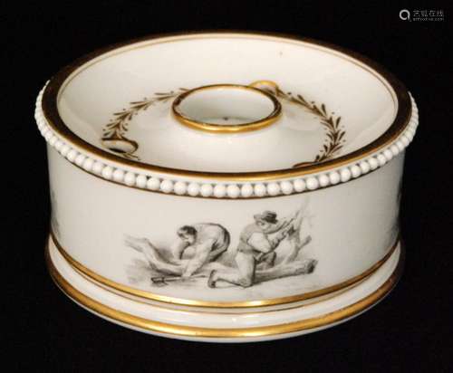 An early 19th Century Flight Barr and Barr circular pen dip inkwell, the body bat printed with scenes of domestic rural life, the edge with a beaded border and gilt banding, unmarked, diameter 10.5cm