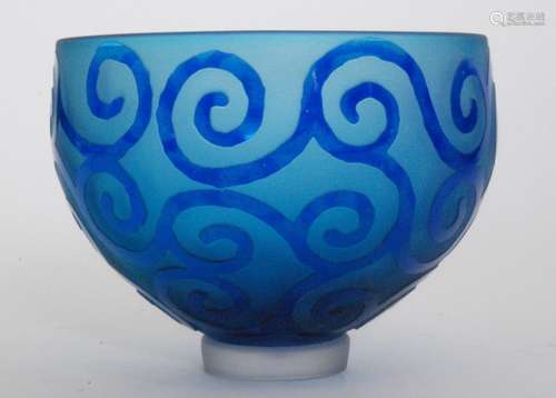 A Blowzone studio glass bowl of footed ovoid form cased and cut with scrolling motives in gloss blue over the satin blue ground, engraved signature, diameter 13.5cm.