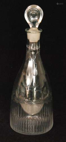 A late 18th Century glass decanter circa 1790, of tapering form decorated with a central cut band between basal column cutting and diamond slice cutting to the neck all below the flat radial stopper, height 32cm.