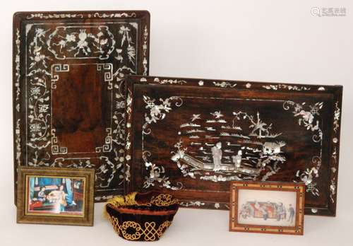 A 19th Century Chinese hardwood rectangular tray inlaid with a border of mother of pearl decoration depicting koros and character symbols, width 52cm, together with a similar tray decorated with a figure holding a fan in a landscape near a garden fence also two prints of opium smoking and a maroon felt smokers cap, (7)