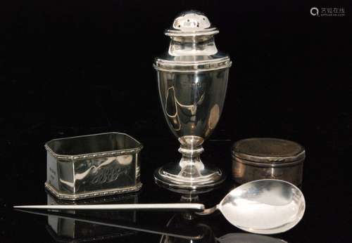 Four hallmarked silver items, a baluster castor, a pill box, a mote spoon and a napkin ring, various dates and styles. (4)