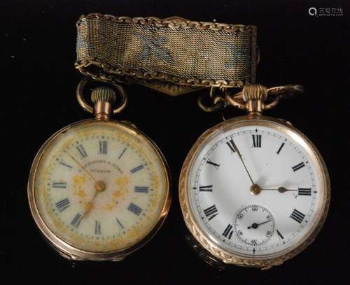 A Continental 9ct ladies open faced fob watch, white enamel dial with Roman numerals, gilt highlights and foliate engraved case, Fattorini & Sons and another similar example with mesh link pendant chain (2)