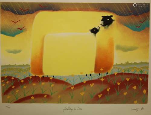 MACKENZIE THORPE (B.1956) - 'Falling in Love', lithograph, signed in pencil, with a Washington Green Certificate of Authenticity, numbered 90 from an edition of 195, unframed, 38cm x 55cm