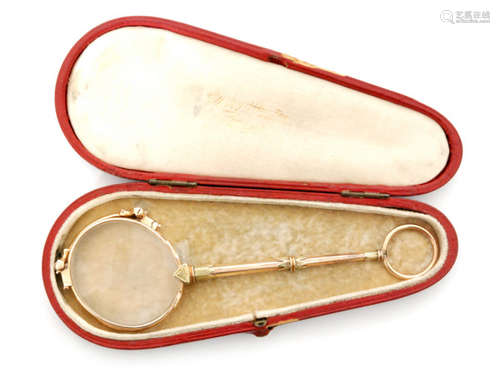 A 19th Century cased pair of spring loaded lorgnettes with stiff leaf detail to stem, terminating in finger loop, length 13cm, unmarked.