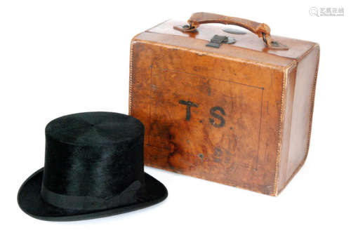 A late 19th to early 20th Century top hat by S Fletcher Bolton, together with red silk lined stitched leather case.