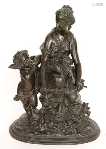 A 19th French spelter figure of a classical female with Cupid on an oval base, height 40cm