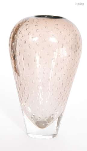 A contemporary limited edition glass vase designed by Nick Munro, of ovoid form internally decorated with a controlled air bubble mesh within the graduated cinnamon ground all within the clear crystal, numbered 36/1200, acid marked, height 27cm.