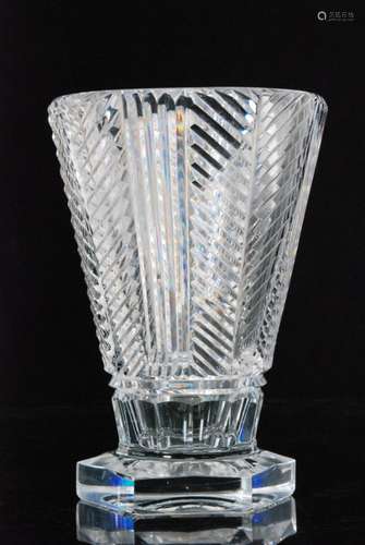 A 1930s Thomas Webb & Sons clear crystal glass vase, the hexagonal foot below a flared bowl decorated with alternating mitre and column cutting, unmarked, height 22cm.