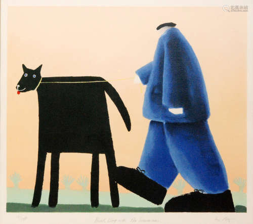 MACKENZIE THORPE (B.1956) - 'Black Dog with Mr. Stevenson', lithograph, signed in pencil, numbered 17 from an edition of 275, framed, 41cm x 50cm