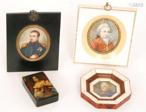 After Emile-Jean-Horace Vernet (1789 - 1863) - Portrait of The Emperor Napoleon I, minature watercolour, framed, 7.5cm x 6cm also two other miniatures and a papier mache snuff box (4)