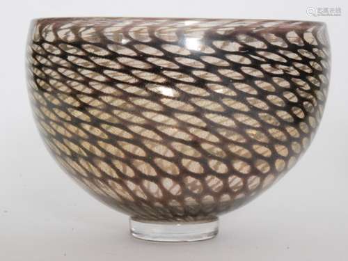 A large Blowzone studio glass bowl of footed ovoid form decorated with an amethyst scale netting amongst gold aventurine, engraved signature, diameter 19cm.