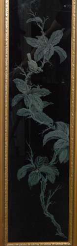 A large 1970s glass architectural panel by Eli Eliades of slender form, reverse engraved depicting a bird perched on a flowering branch and stipple engraved with detailing of a leaf to the front, dated 1977, engraved signature, framed, height 79cm.  N.B. Eli Eliades was one of the six founder members of the Guild of Glass Engravers which included names such as Peter Dreiser & Elaine Freed.