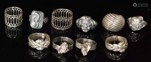 Ten assorted silver rings to include puzzle and signet examples, various sizes, all Bernard Instone. (10).