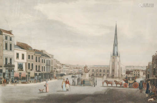 AFTER THOMAS HOLLINS - 'A view of High Street, Birmingham', hand coloured restrike engraving, after the original published in 1812, framed, 51cm x 76cm.