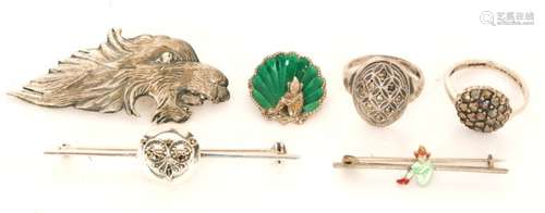 Six items of silver jewellery three brooches to include a sea dragon and two enamelled examples with two marcasite set rings, all Bernard Instone. (6).