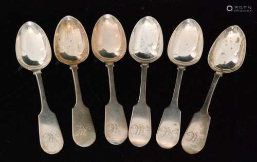 Six early Victorian hallmarked silver fiddle pattern teaspoons, each monogrammed, York 1843, James Barber & William North (6)