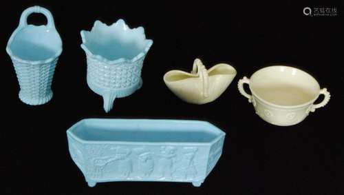 A group of late 19th Century Sowerby pressed glass comprising a blue turquoise trough depicting Elizabeth, Elspeth, Betty and Bess, two blue turquoise posy baskets, a Queens Ivory posy basket and a Queens Ivory twin handled sugar bowl. (5)