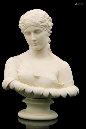 A 19th Century Copeland Parian bust of Clytie modelled on a socle base, inscribed Art Union of London 1855 and C. Delpech (RED.T), height 37cm