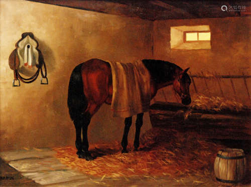 ENGLISH SCHOOL (LATE 20TH CENTURY) - A horse in a stable, oil on panel, signed 'Braun', framed, 30cm x 43cm