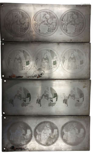 A set of four early 20th Century zinc over copper lithograph printing plates each engraved with stages for the printing of 'The Toilette' Prattware pot lid, each with varying levels of detail and engraved with the same design three times with colour annotations for Tiolet Blue, Tiolet Pink, Tiolet Buff and Tiolet Brown, plate size 11.5cm x 28cm