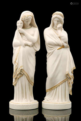 A pair of 19th Century Parian figures modelled as Comedy and Tragedy, both with gilt and enamel detailing, unmarked, height 33.5cm (2)