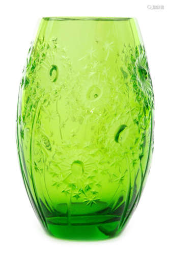 A contemporary Lalique glass Bucolique vase of swollen sleeve form with moulded dandelion decoration to the Meadow Green ground, engraved signature, original box, height 14cm.