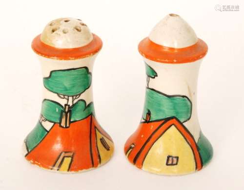 A 1930s Clarice Cliff salt and pepper decorated in the Orange Roof pattern, printed Newport Pottery mark, height 8cm