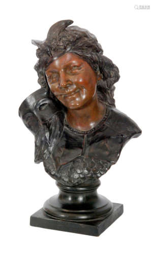 An early 20th Century Bretby bronzed effect sculpture modelled as a female bust wearing a fish scale breast plate with a frilled collar holding a mask to the side of her face, raised to a socle pedestal with square plinth, impressed mark, height 55cm