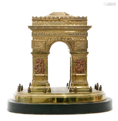 A 19th Century French gilt metal model of the Arc De Triomphe, the cover opening to reveal a silk lined jewellery casket on an oval black slate base, height 22cm