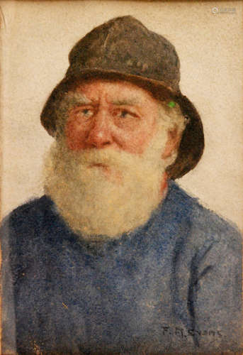 FREDERICK McNAMARA EVANS (1859 - 1929) - An old Newlyn fisherman, watercolour, signed, framed, 22cm x 17cm also three other watercolour portraits by the same hand (4)