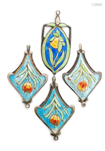 Four Sterling silver enamelled pendants each with a single flower to a blue ground, lengths 3.5cm, S/D, Bernard Instone. (4)