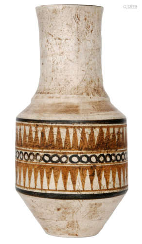 A Troika Pottery Urn vase decorated with a brown and black geometric band against a brown wash ground, painted St Ives mark with artists monogram for Honor Curtis, height 26.5cm, S/D