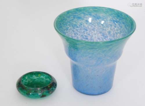 A 1930s Monart glass vase of stepped flared form decorated with graduated blue to green mottling, height 17cm, together with a squat roll rim pin dish made as a souvenir of the 1952 Society of Glass decorated with coloured enamels with the green ground, diameter 9.5cm. (2)