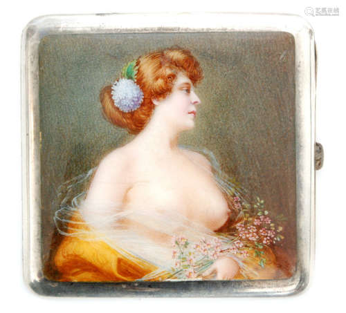 A Continental silver and enamelled cigarette case, the shaped square case enamelled with a portrait of a scantily clad lady in profile, blue flower to her hair, a golden shawl to her shoulders and blossoming sprays in her arms, gilt interior, height 8.5cm x width 9cm, stamped 900.