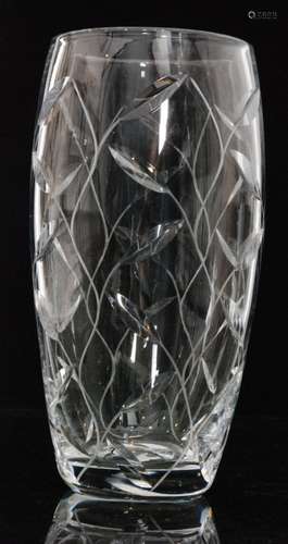 A post war Tudor Crystal glass vase of swollen sleeve form engraved and cut with a stylised leaf pattern, acid marked, height 27cm.