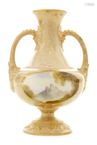 An early 20th Century Royal Worcester shape 2021 twin handled vase decorated with a hand painted roundel by Rushton depicting a castle upon a hill and framed with trees, the ground in matt gold bubble effect ground, signed, puce mark with date code for 1914, printed retailers stamp for Townsend & Co, Newcastle on Tyne, height 14cm