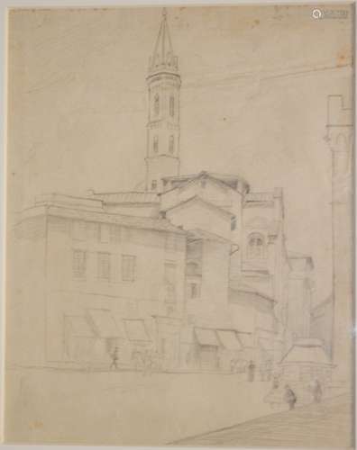 ALFRED BLUNDELL (1883-1968) - A continental market square, pencil drawing, framed, 19cm x 15cm also five other framed drawings by the same hand (6)