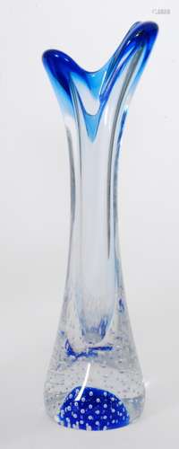 A post war Thomas Webb & Sons Flair range glass vase designed by David Hammond of waisted sleeve form below a pulled rim, decorated to the base with controlled air bubbles and blue trim to the clear crystal ground, acid marked, height 31cm.