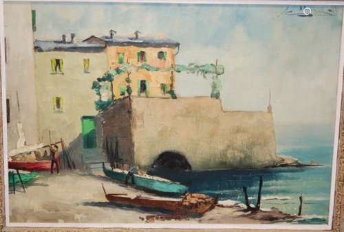 ITALIAN SCHOOL (MID 20TH CENTURY) - Beached fishing boats, oil on canvas, signed indistinctly, framed, 51cm x 70cm