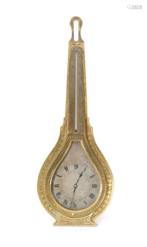 A late 19th Century Strutt clock by J W Benson London, of gilt tear drop form, engraved silvered dial within a leaf order below a thermometer, height 24cm