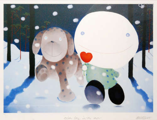 MACKENZIE THORPE (B.1956) - 'With Love in the Snow', lithograph, signed in pencil, artist's proof numbered 6 from an edition of 8 proofs, framed, 52cm x 71cm