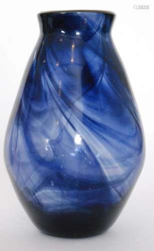 A 1930s Hartley Wood glass vase of angular form below a short flared collar rim internally decorated with a wrythen blue streak pattern, unmarked, height 23cm.