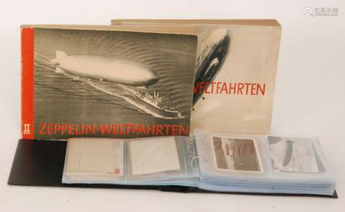 A postcard album containing various real photographic Zeppelin cards including various views of the Graf Zeppelin and two Zeppelin-Weltfahrten 1932 and 1933 books. (3)