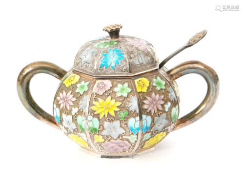 A Chinese silver and enamelled twin handled octagonal sugar or preserve bowl, enamelled floral decoration in lilac, yellow green and powder blue against a textured hatched ground, pull off cover with gilt flower head finial, stamped to base Silver 99% with three character mark and matching spoon (2)