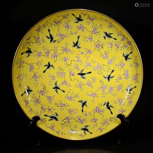 Tongzhi Mark, A Yellow Glazed with Bird and Flower Patten Dish