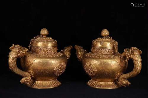 Two Tibetan Gilt Bronze Teapots